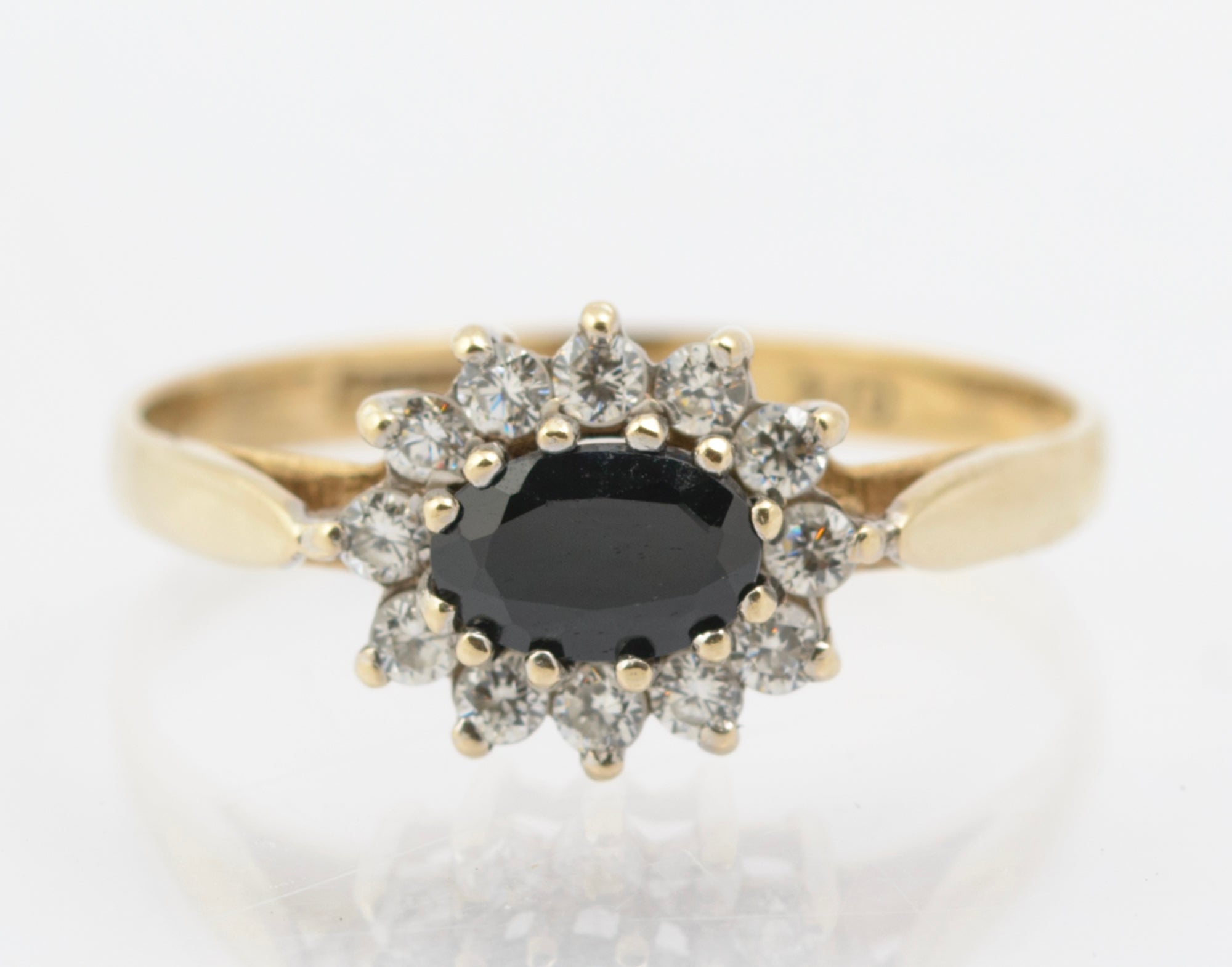 Vintage 9ct Gold & Natural Midnight Blue Sapphire Ring With CZ Halo UK Size N (B2663)