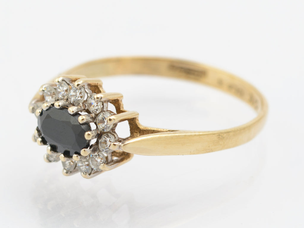 Vintage 9ct Gold Natural Midnight Blue Sapphire Ring - CZ Halo - East-West Set - Birmingham 1986 - UK Size N - B2663