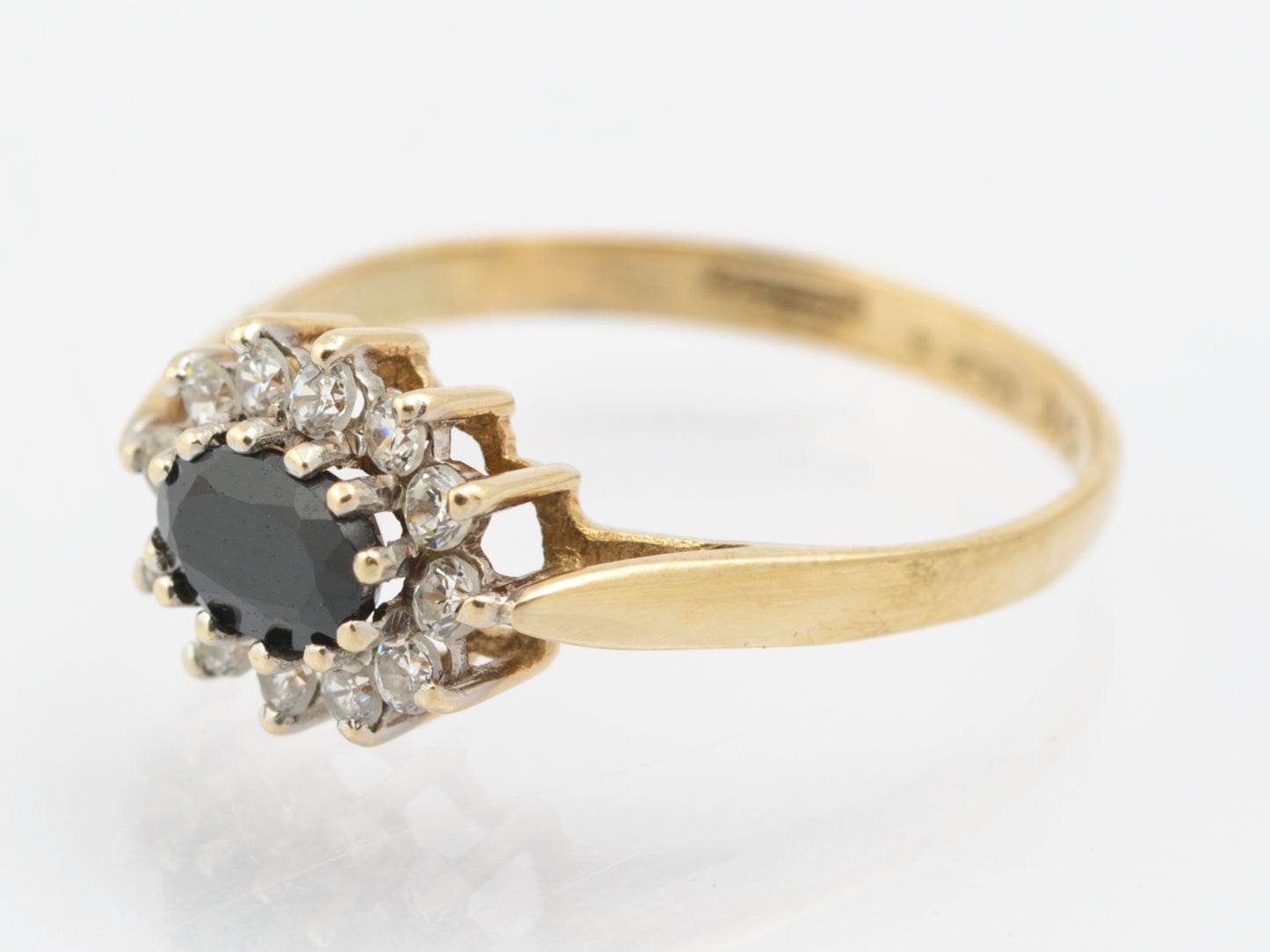 Vintage 9ct Gold & Natural Midnight Blue Sapphire Ring With CZ Halo UK Size N (B2663)