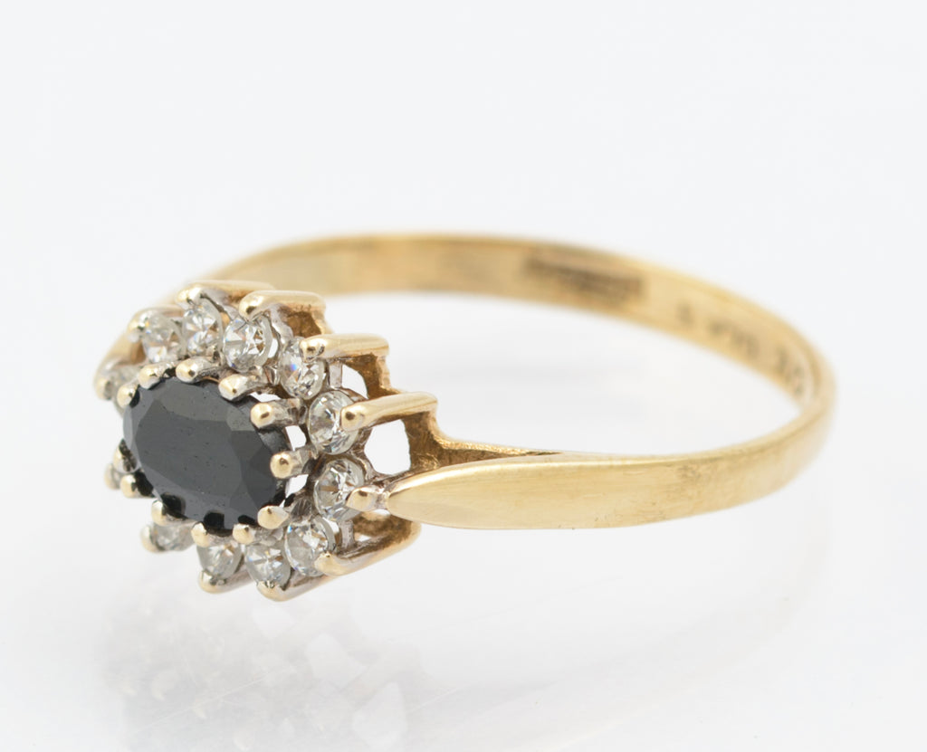 Vintage 9ct Gold Natural Midnight Blue Sapphire Ring - CZ Halo - East-West Set - Birmingham 1986 - UK Size N - B2663