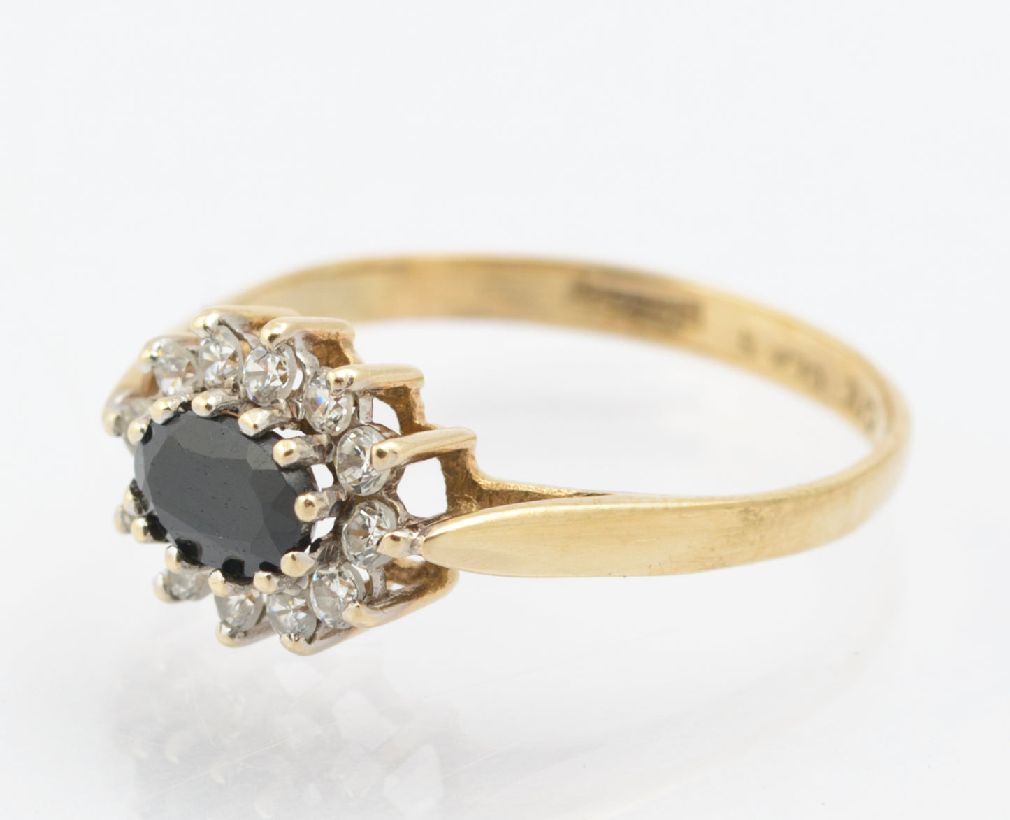 Vintage 9ct Gold & Natural Midnight Blue Sapphire Ring With CZ Halo UK Size N (B2663)