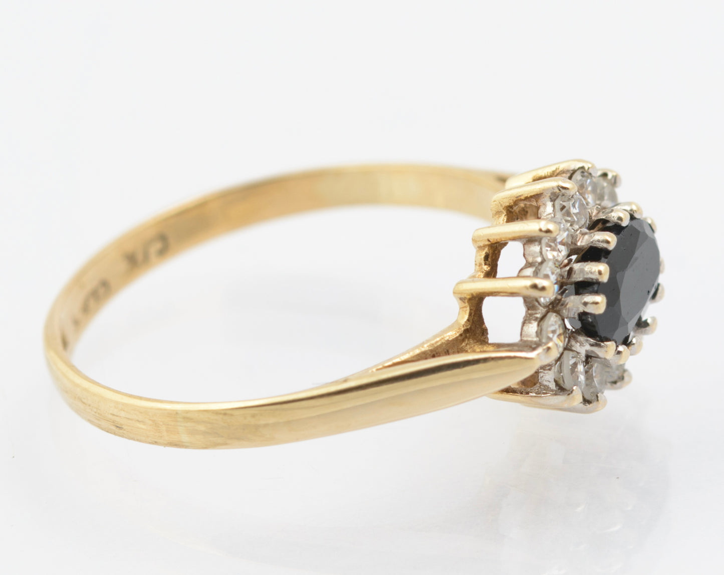 Vintage 9ct Gold & Natural Midnight Blue Sapphire Ring With CZ Halo UK Size N (B2663)