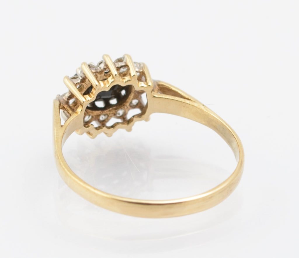 Vintage 9ct Gold Natural Midnight Blue Sapphire Ring - CZ Halo - East-West Set - Birmingham 1986 - UK Size N - B2663