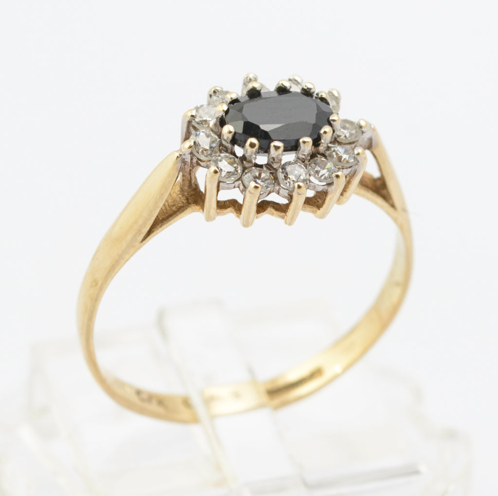 Vintage 9ct Gold Natural Midnight Blue Sapphire Ring - CZ Halo - East-West Set - Birmingham 1986 - UK Size N - B2663