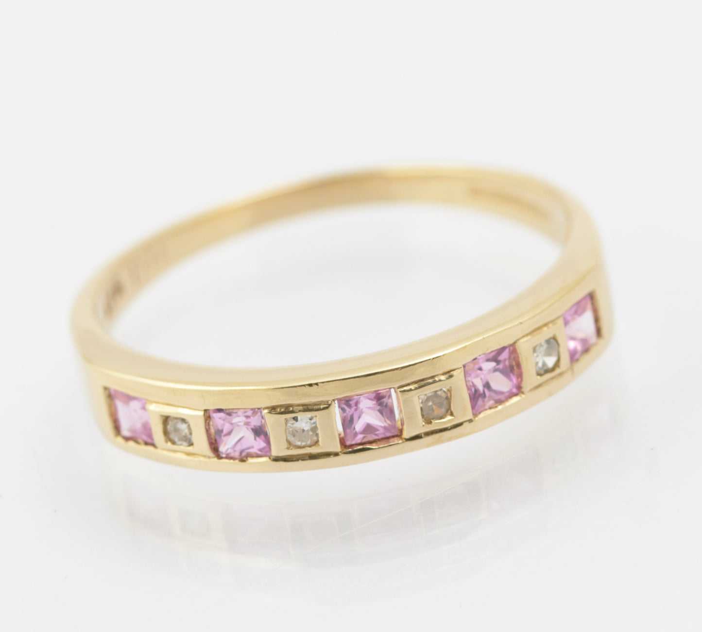 Vintage 9ct Yellow Gold Half Eternity Ring With Natural Pink Topaz & Diamonds (B2664)