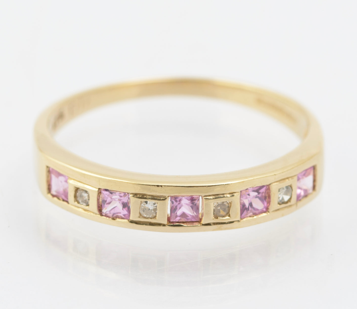 Vintage 9ct Yellow Gold Half Eternity Ring With Natural Pink Topaz & Diamonds (B2664)
