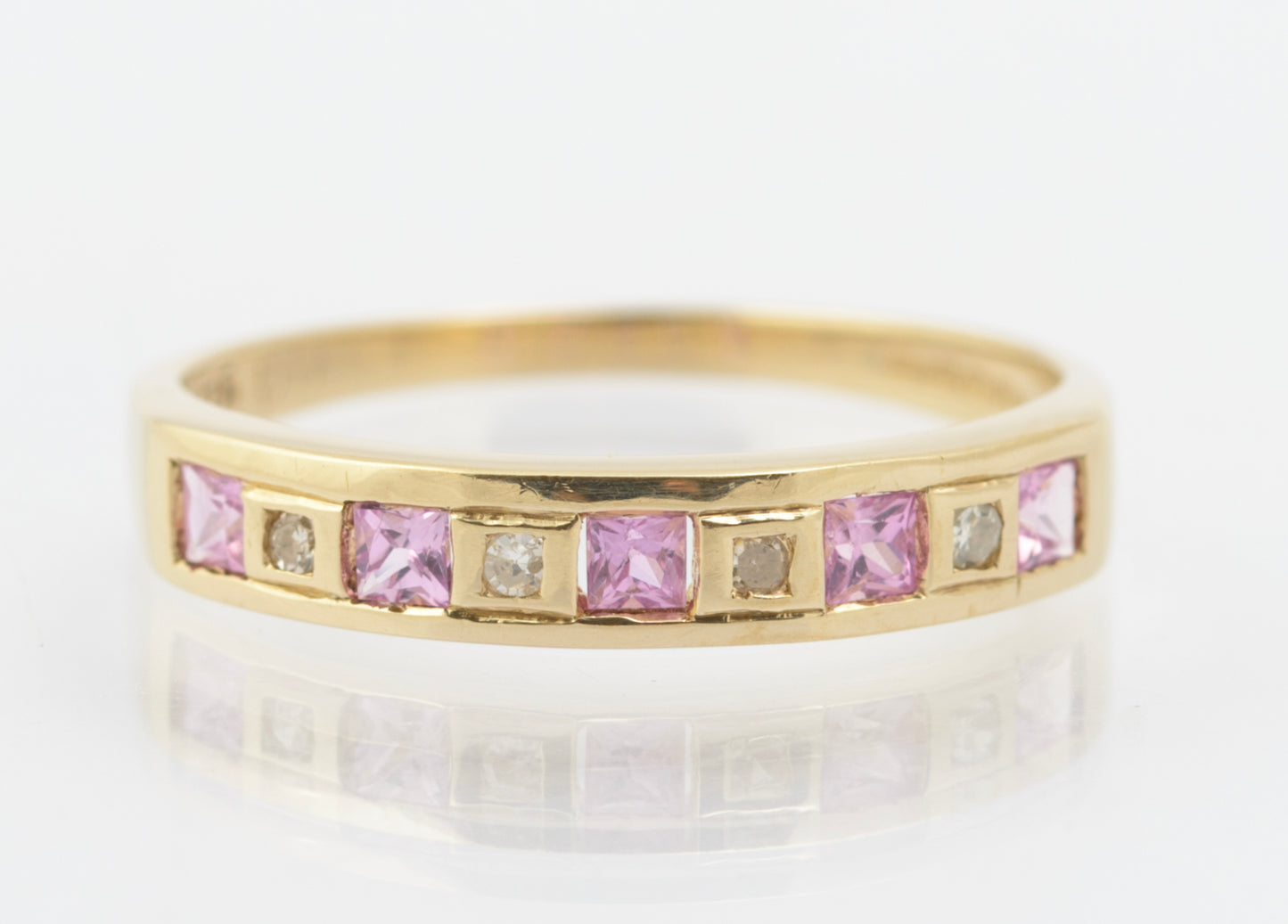 Vintage 9ct Yellow Gold Half Eternity Ring With Natural Pink Topaz & Diamonds (B2664)