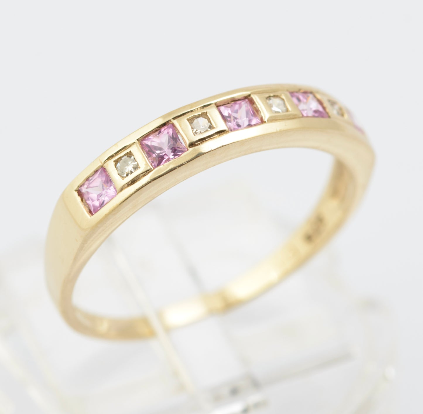 Vintage 9ct Yellow Gold Half Eternity Ring With Natural Pink Topaz & Diamonds (B2664)