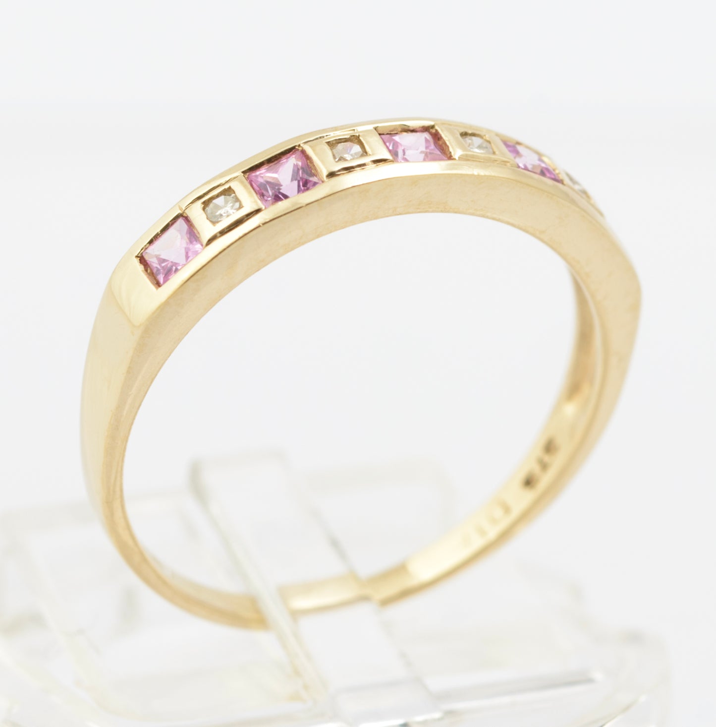Vintage 9ct Yellow Gold Half Eternity Ring With Natural Pink Topaz & Diamonds (B2664)