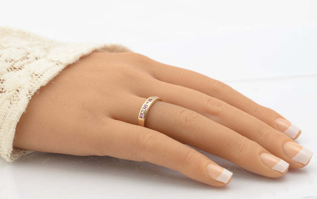 Vintage 9ct Yellow Gold Half Eternity Ring With Natural Pink Topaz & Diamonds (B2664)