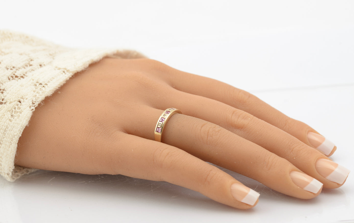 Vintage 9ct Yellow Gold Half Eternity Ring With Natural Pink Topaz & Diamonds (B2664)