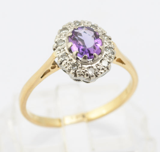 Vintage 9ct Gold & Natural Amethyst Ring With Diamond Halo UK Size N (B2665)