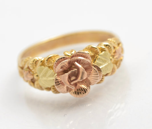 Black Hills 10K Tri Coloured Gold Ring Flower & Leaves Original Box/Certificate (C2675)