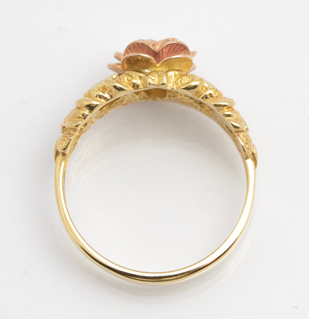 Black Hills 10K Tri Coloured Gold Ring Flower & Leaves Original Box/Certificate (C2675)
