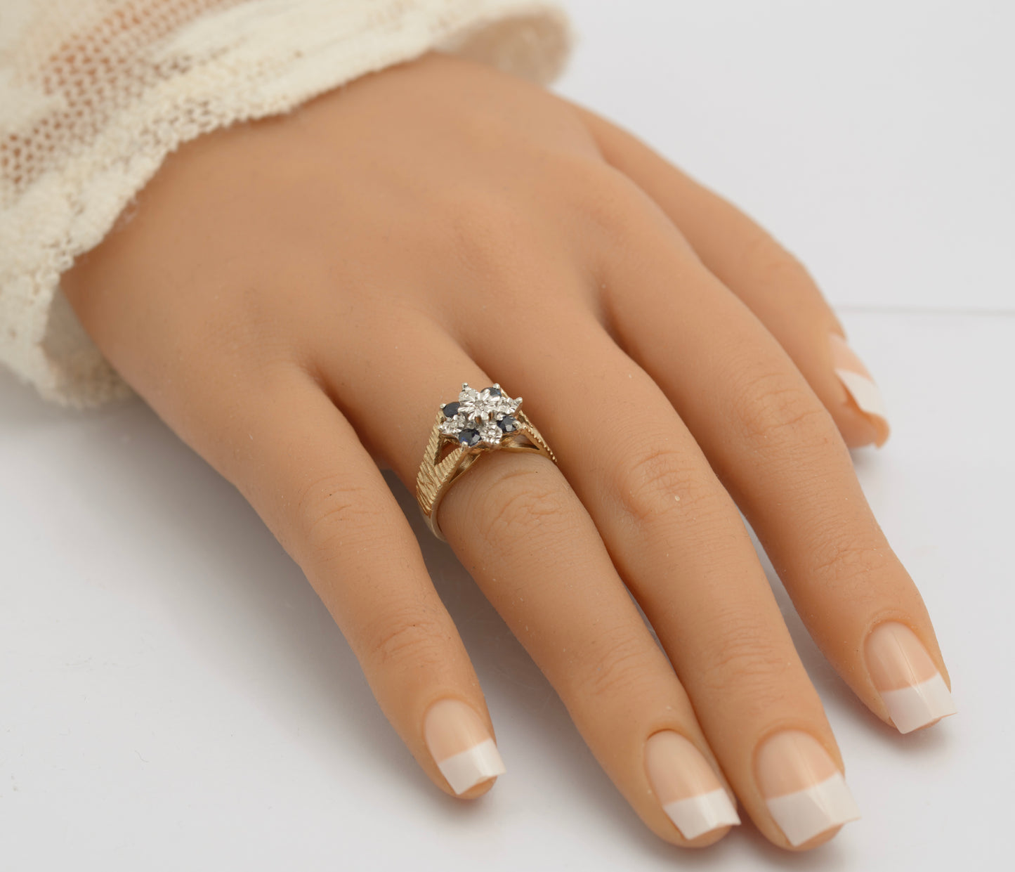 Vintage 9ct Gold Ring Natural Sapphires & Diamonds Textured Band UK Size L1/2 (C2677)