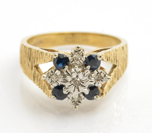 Vintage 9ct Gold Ring Natural Sapphires & Diamonds Textured Band UK Size L1/2 (C2677)