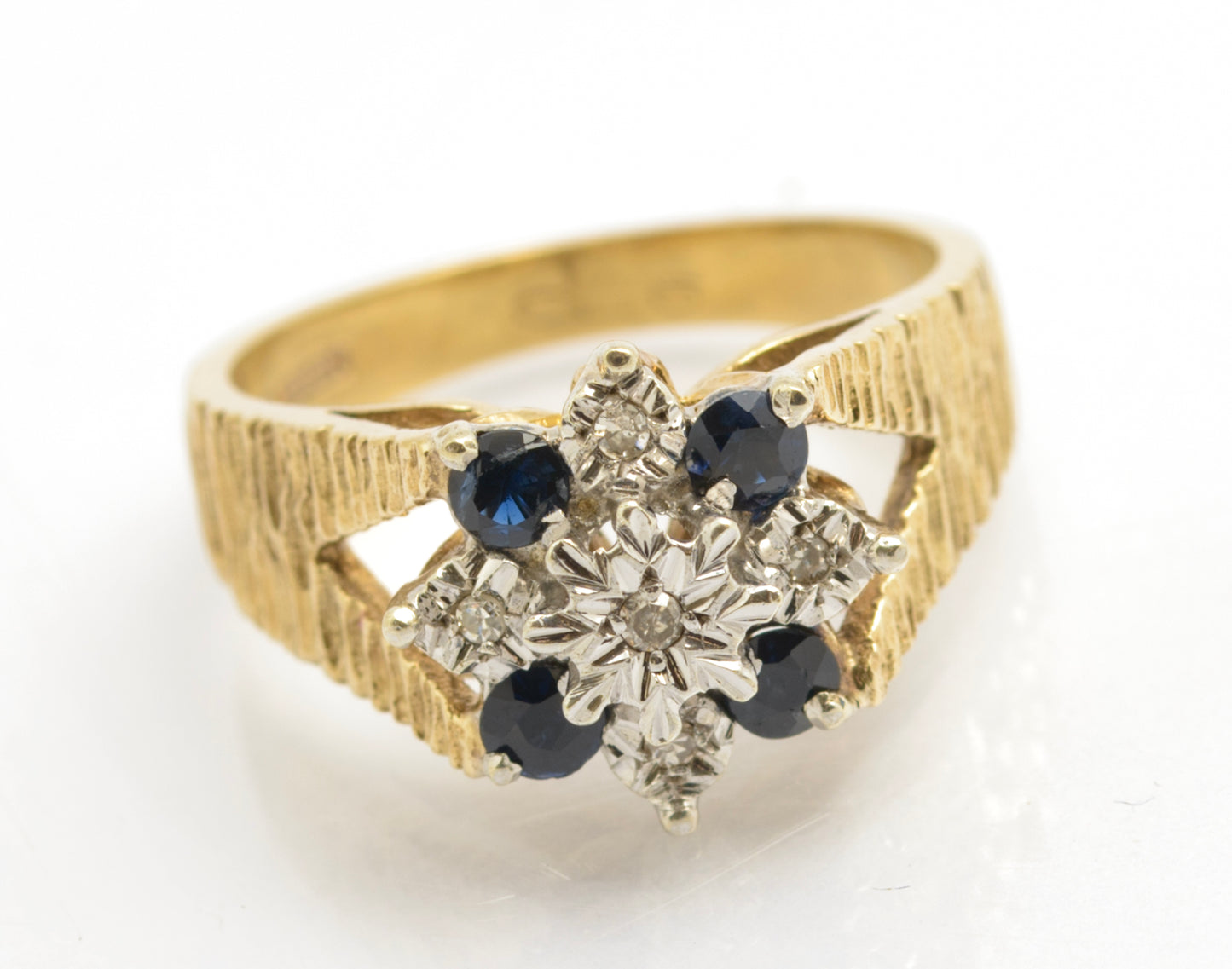 Vintage 9ct Gold Ring Natural Sapphires & Diamonds Textured Band UK Size L1/2 (C2677)