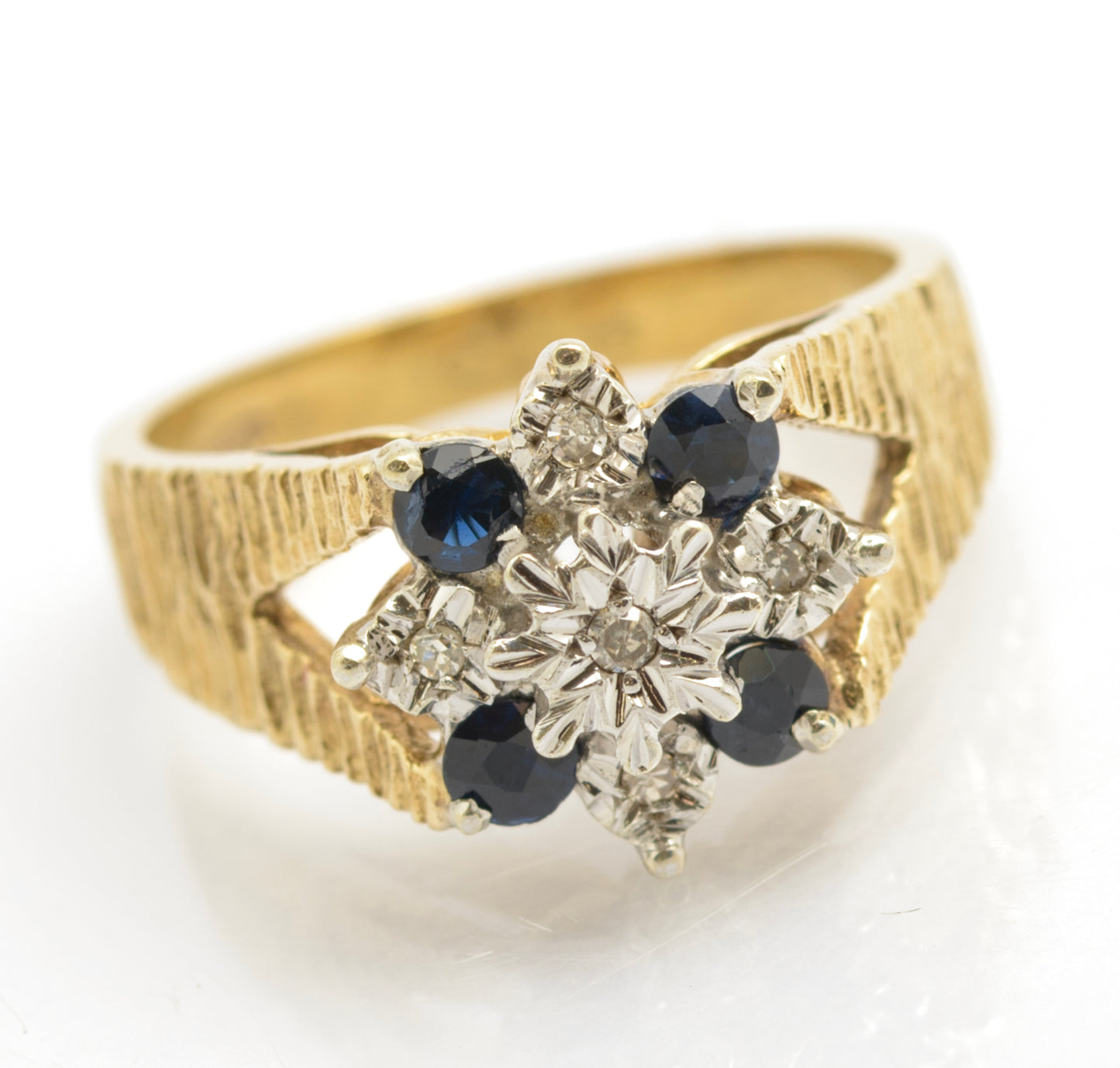 Vintage 9ct Gold Ring Natural Sapphires & Diamonds Textured Band UK Size L1/2 (C2677)