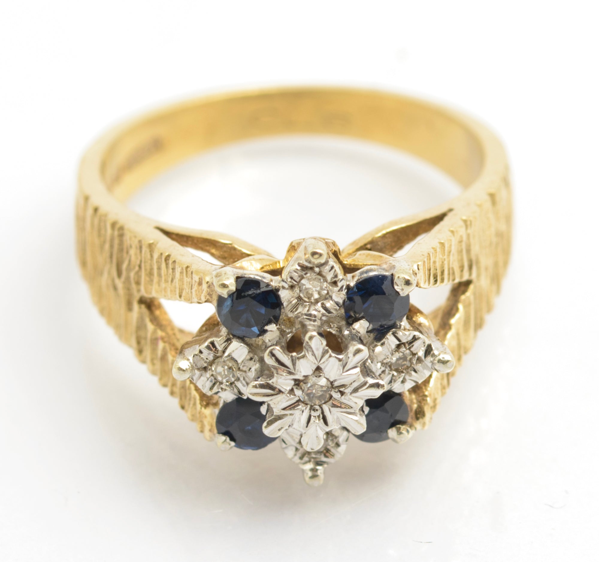Vintage 9ct Gold Ring Natural Sapphires & Diamonds Textured Band UK Size L1/2 (C2677)