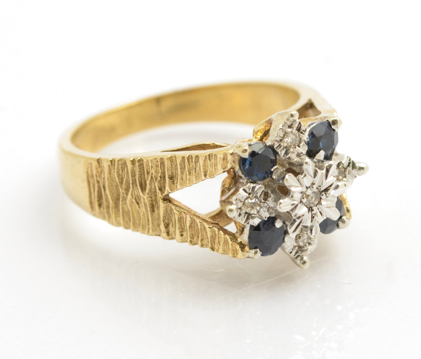 Vintage 9ct Gold Ring Natural Sapphires & Diamonds Textured Band UK Size L1/2 (C2677)