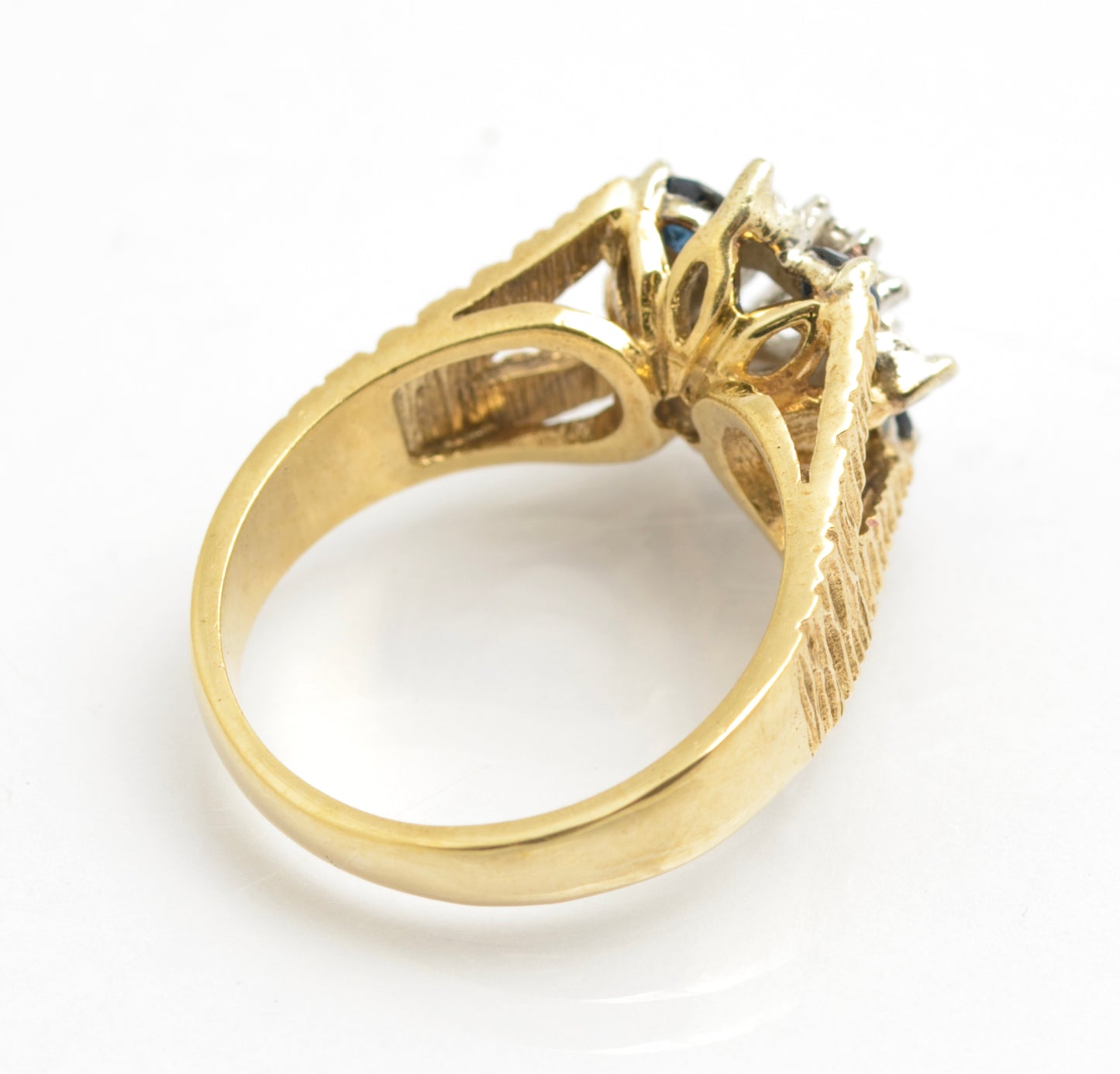 Vintage 9ct Gold Ring Natural Sapphires & Diamonds Textured Band UK Size L1/2 (C2677)