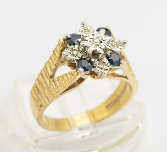 Vintage 9ct Gold Ring Natural Sapphires & Diamonds Textured Band UK Size L1/2 (C2677)