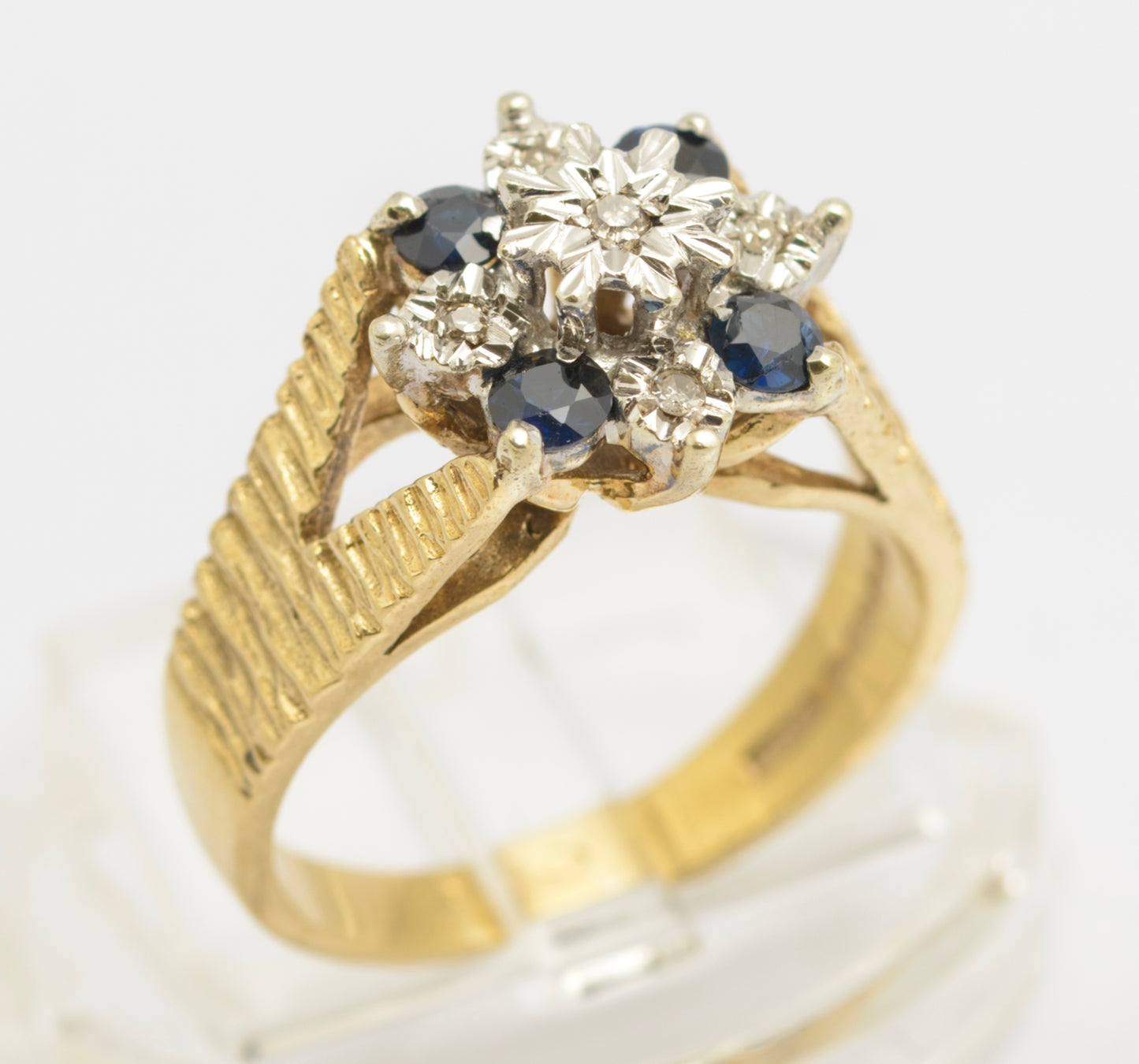 Vintage 9ct Gold Ring Natural Sapphires & Diamonds Textured Band UK Size L1/2 (C2677)