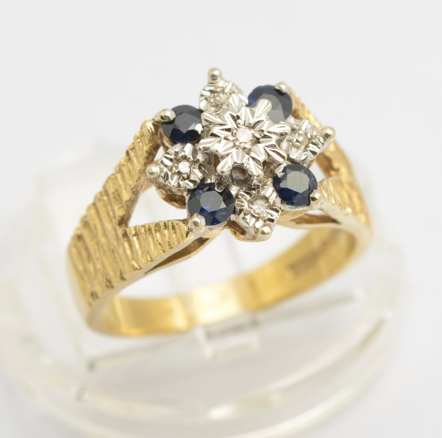 Vintage 9ct Gold Ring Natural Sapphires & Diamonds Textured Band UK Size L1/2 (C2677)