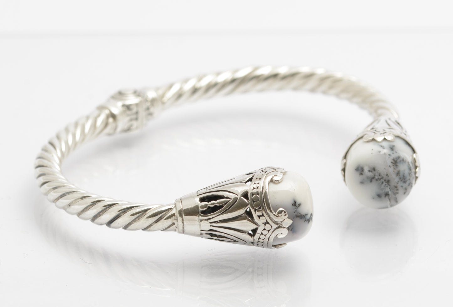 925 Sterling Silver & Dendritic Agate Torque Bangle Twisted Band & Hinged (C2681)