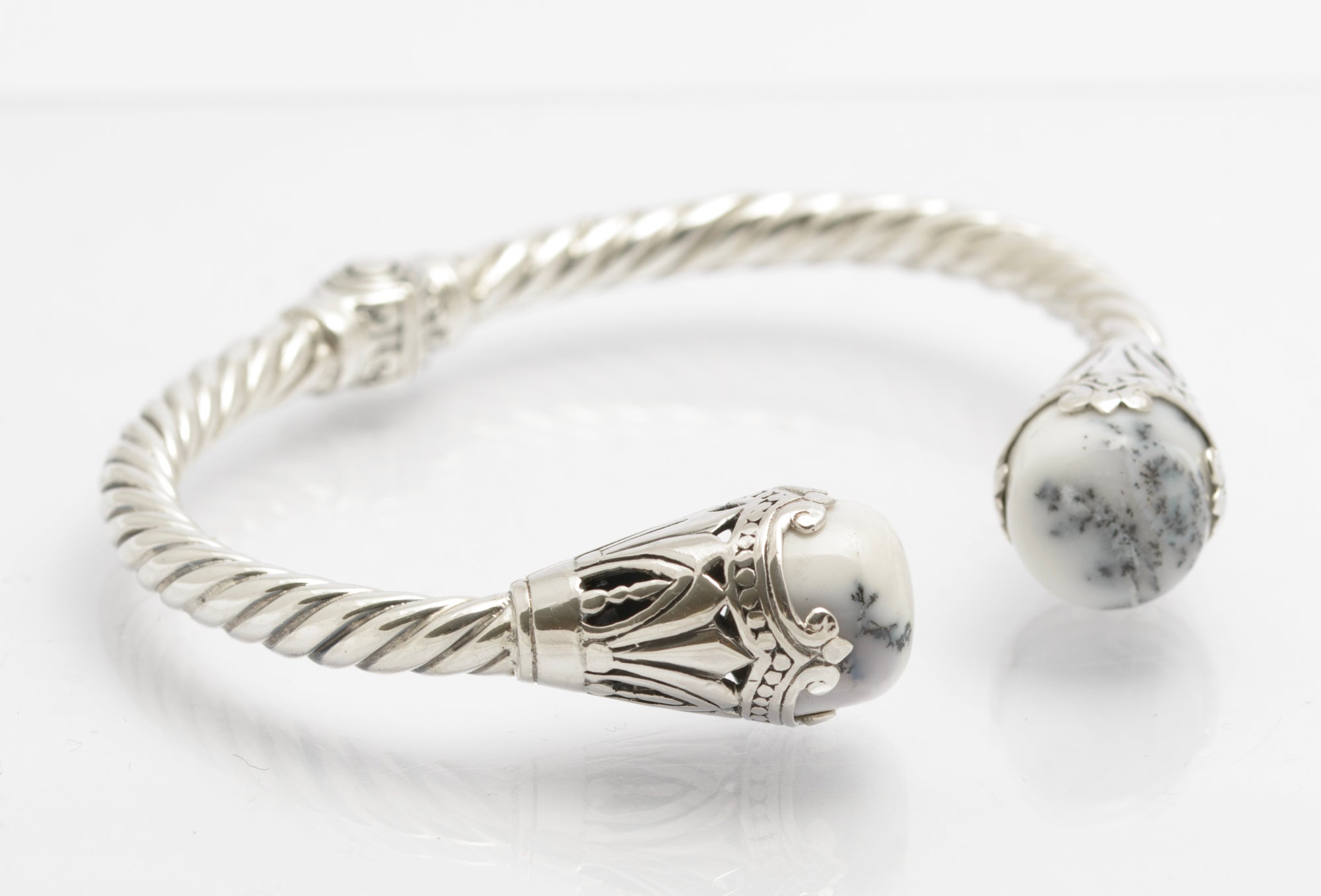 925 Sterling Silver & Dendritic Agate Torque Bangle Twisted Band & Hinged (C2681)