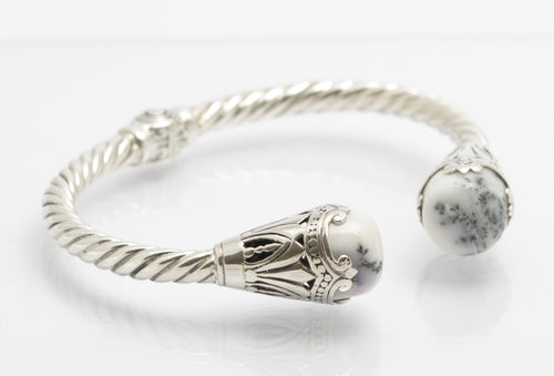 925 Sterling Silver & Dendritic Agate Torque Bangle Twisted Band & Hinged (C2681)