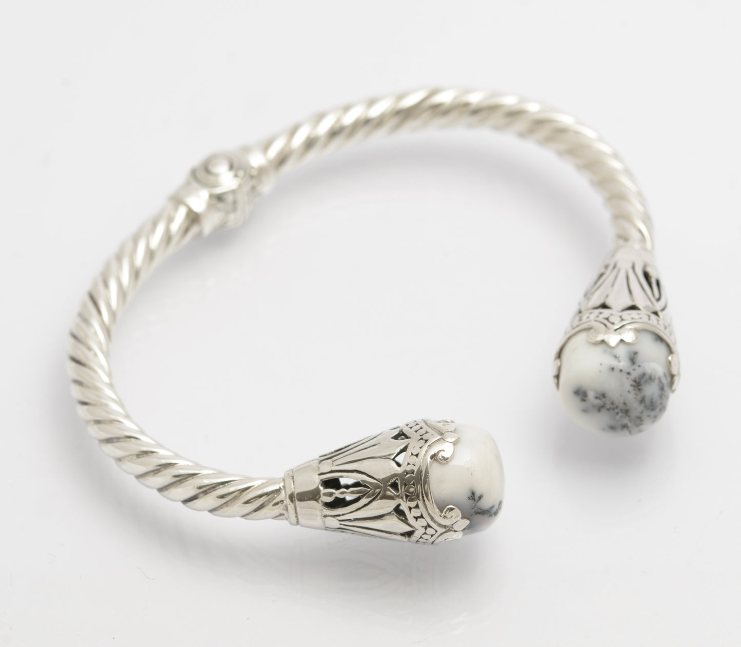 925 Sterling Silver & Dendritic Agate Torque Bangle Twisted Band & Hinged (C2681)