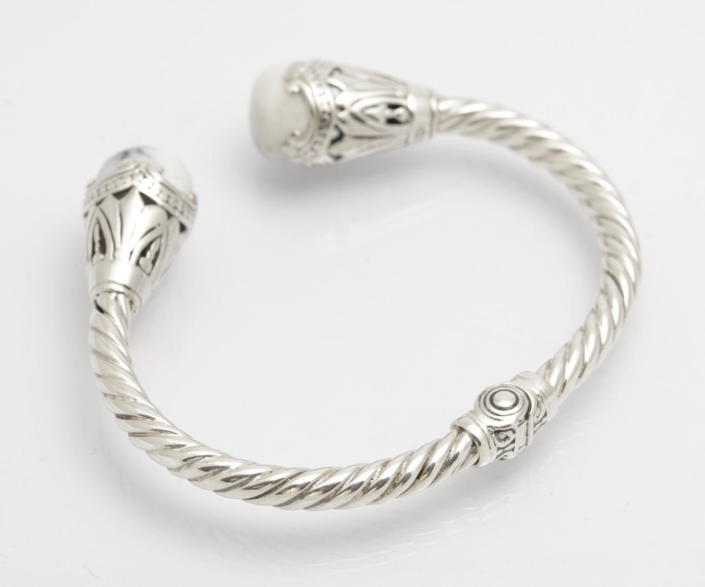 925 Sterling Silver & Dendritic Agate Torque Bangle Twisted Band & Hinged (C2681)