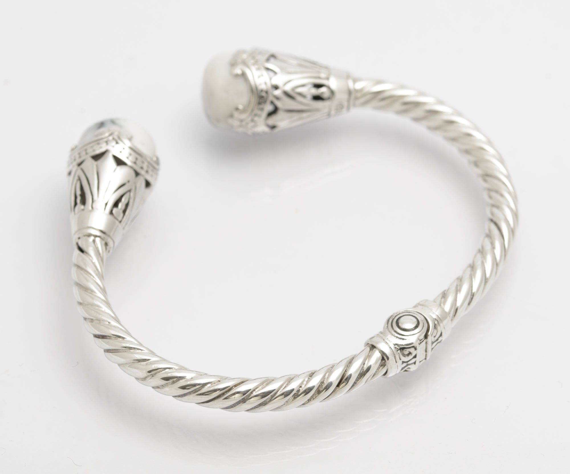 925 Sterling Silver & Dendritic Agate Torque Bangle Twisted Band & Hinged (C2681)