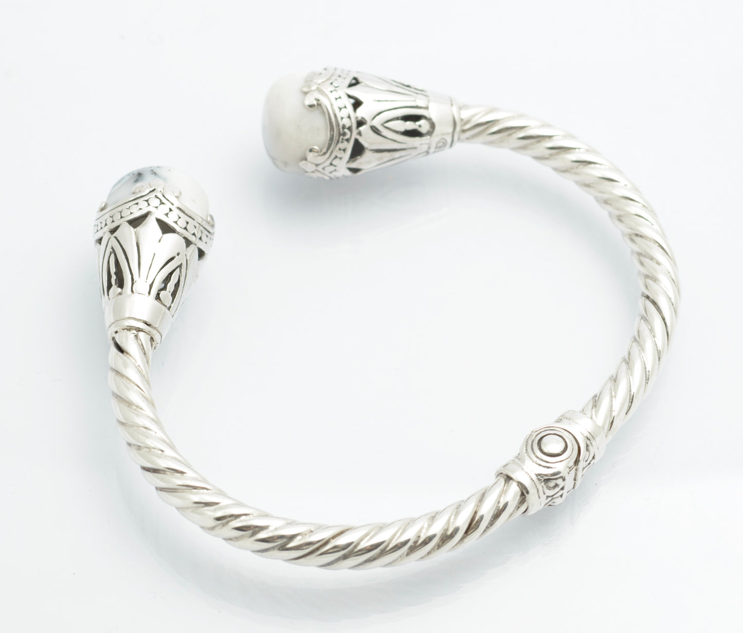 925 Sterling Silver & Dendritic Agate Torque Bangle Twisted Band & Hinged (C2681)