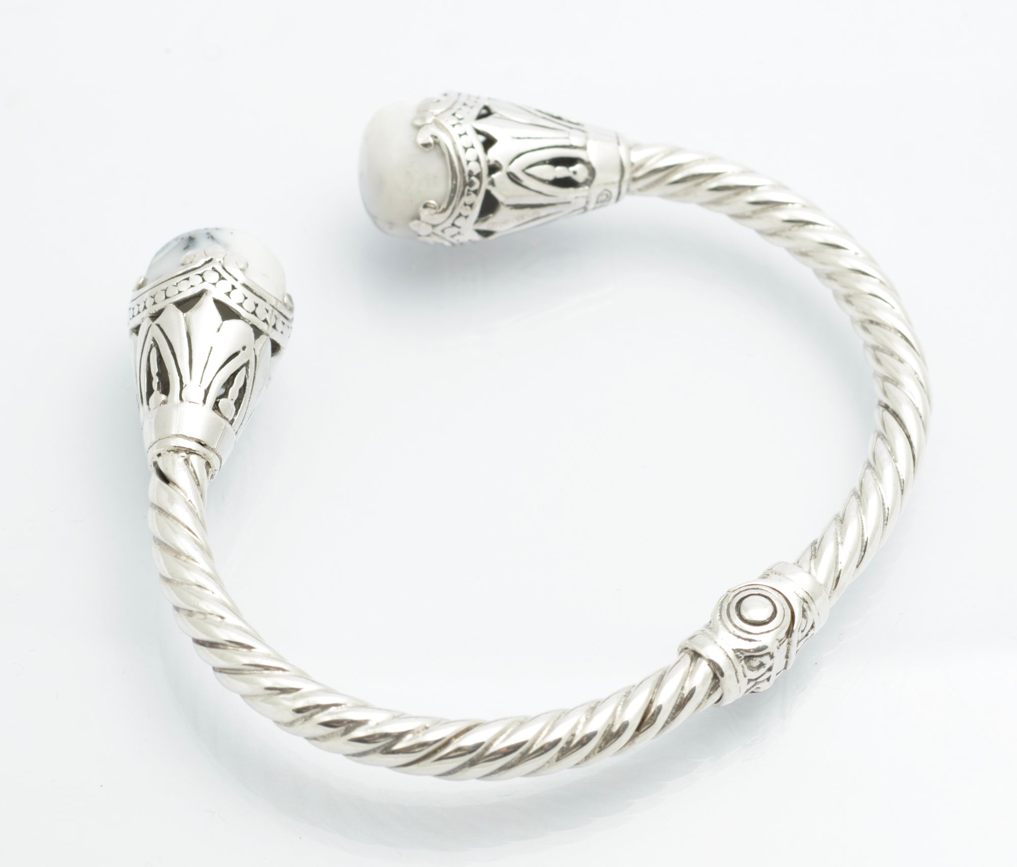 925 Sterling Silver & Dendritic Agate Torque Bangle Twisted Band & Hinged (C2681)