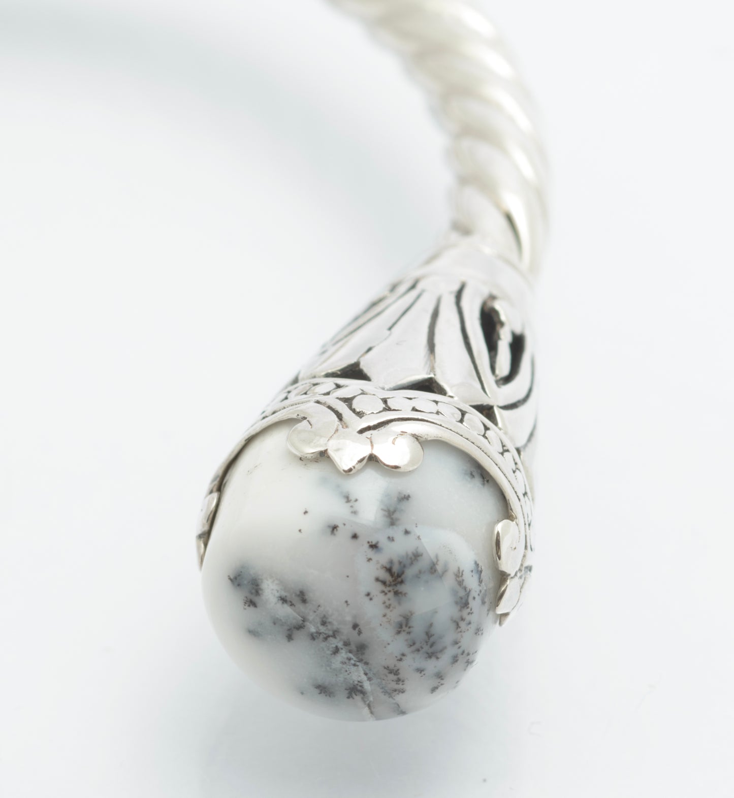 925 Sterling Silver & Dendritic Agate Torque Bangle Twisted Band & Hinged (C2681)