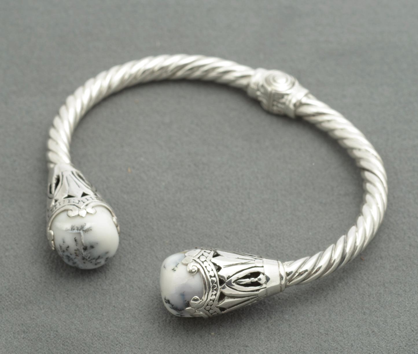 925 Sterling Silver & Dendritic Agate Torque Bangle Twisted Band & Hinged (C2681)