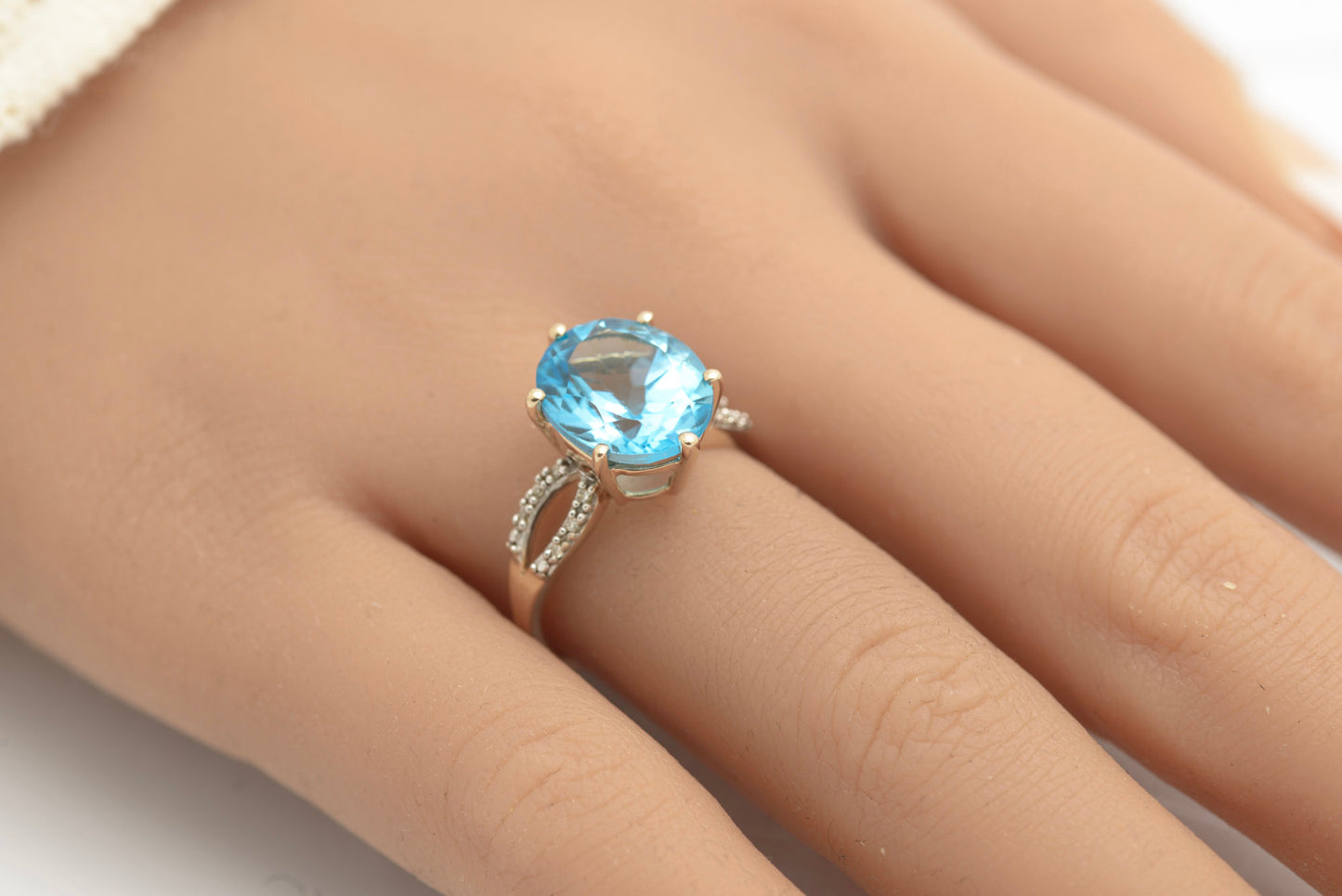 10K Gold Dress Ring With Large 6.5 Carat Natural Blue Topaz & Diamond Shoulders (C2691)
