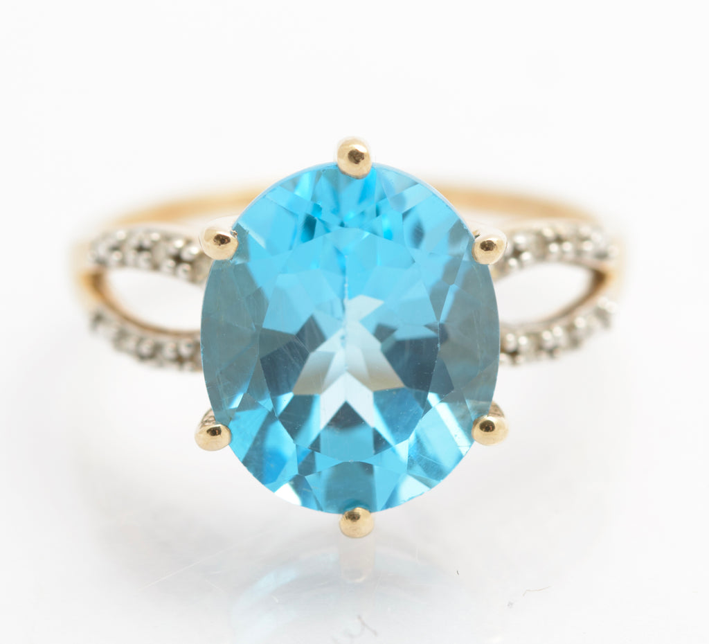 10K Gold Dress Ring With Large 6.5 Carat Natural Blue Topaz & Diamond Shoulders (C2691)