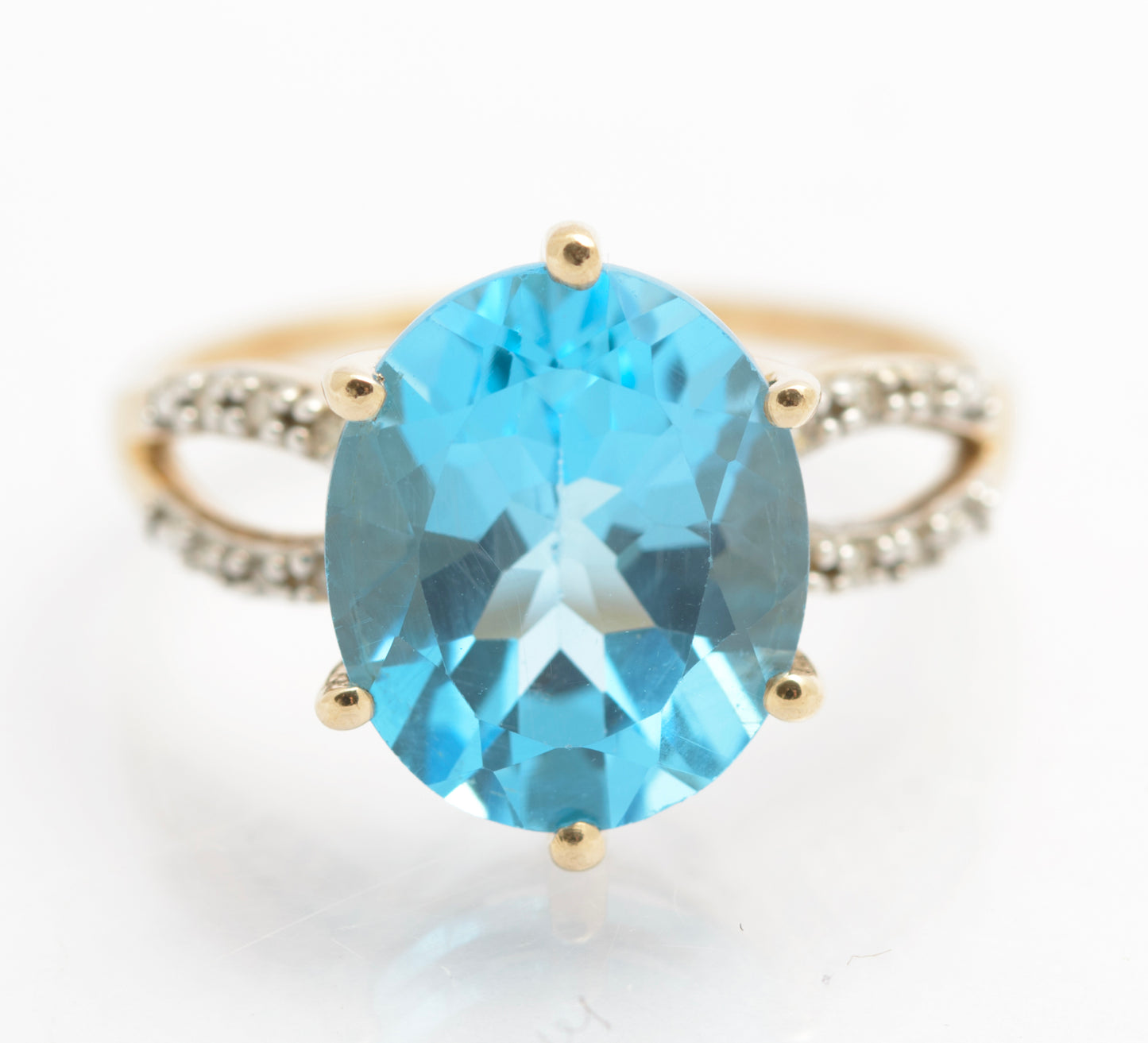 10K Gold Dress Ring With Large 6.5 Carat Natural Blue Topaz & Diamond Shoulders (C2691)