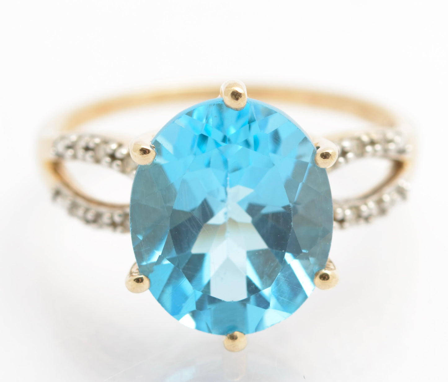 10K Gold Dress Ring With Large 6.5 Carat Natural Blue Topaz & Diamond Shoulders (C2691)