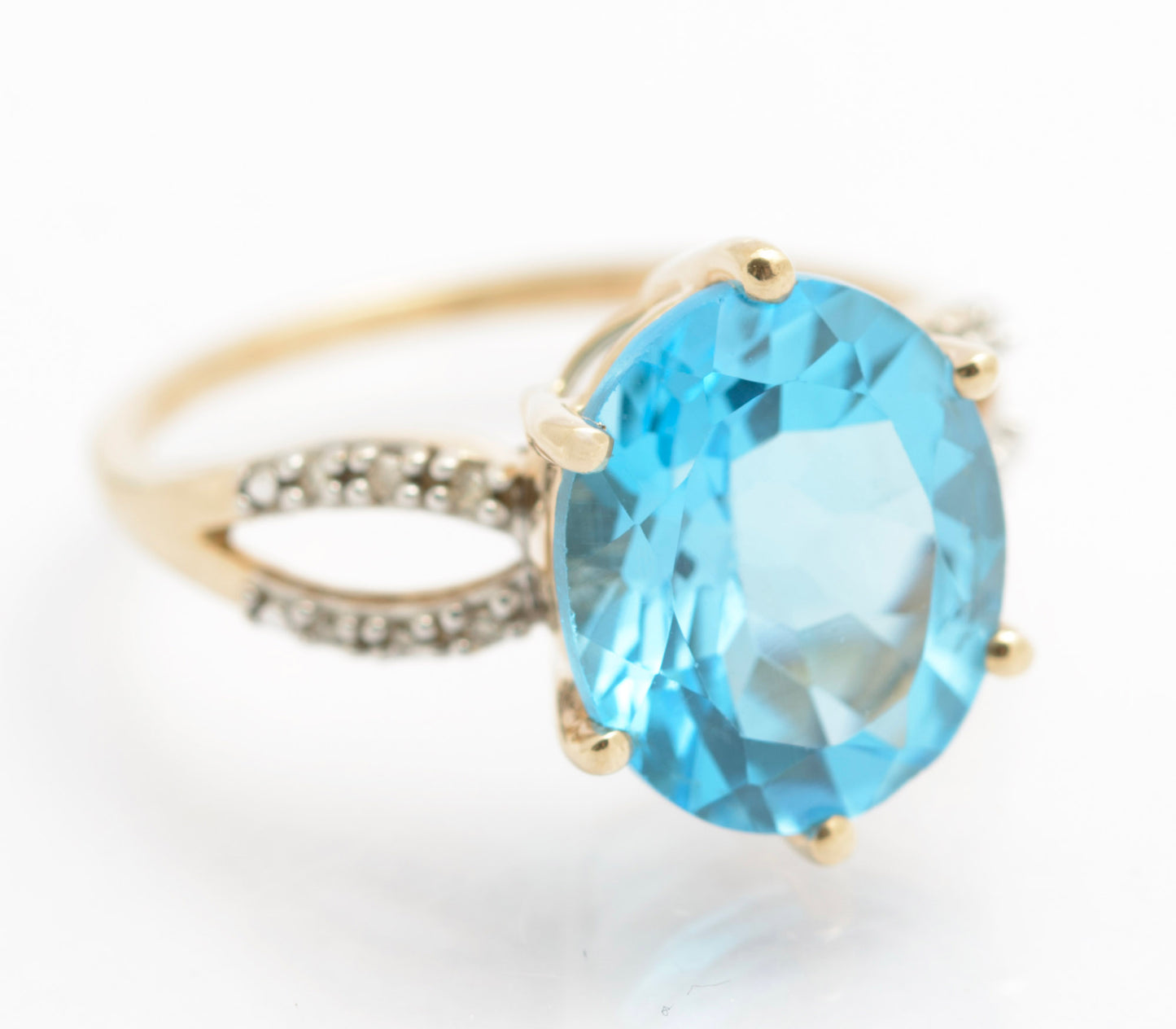 10K Gold Dress Ring With Large 6.5 Carat Natural Blue Topaz & Diamond Shoulders (C2691)