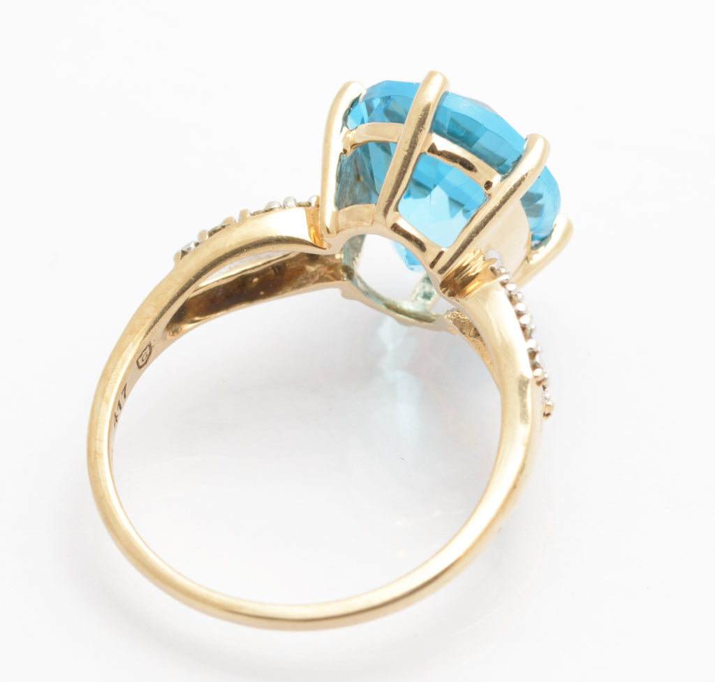 10K Gold Dress Ring With Large 6.5 Carat Natural Blue Topaz & Diamond Shoulders (C2691)