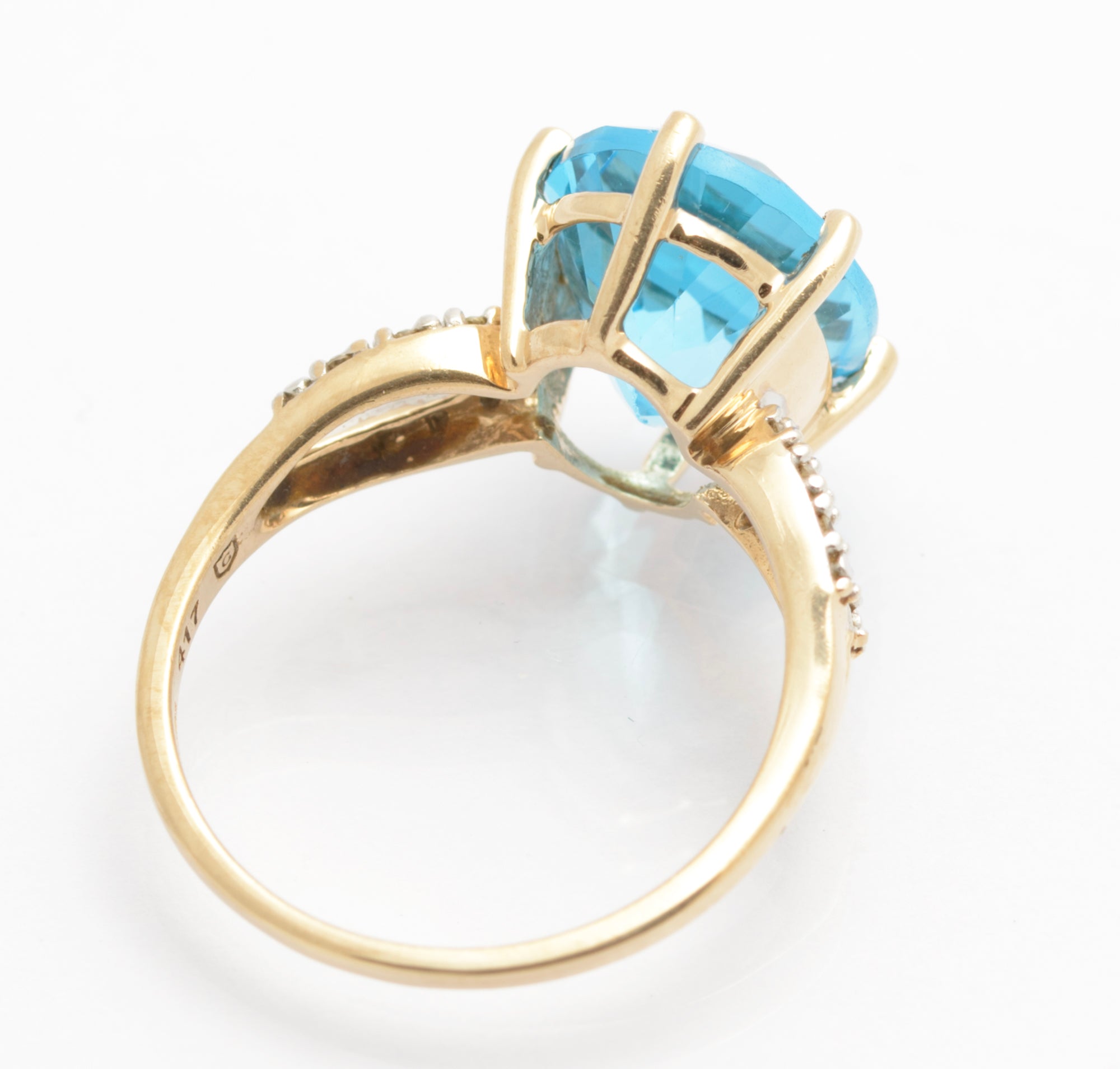 10K Gold Dress Ring With Large 6.5 Carat Natural Blue Topaz & Diamond Shoulders (C2691)