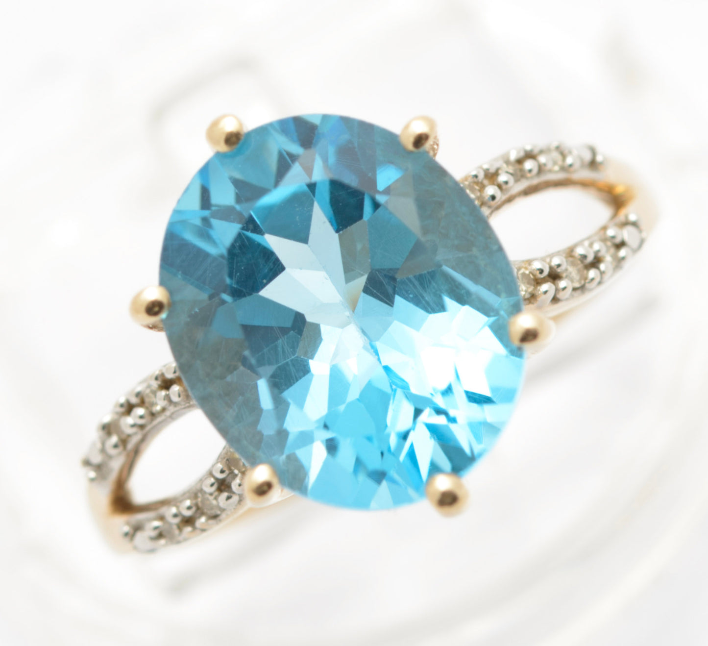 10K Gold Dress Ring With Large 6.5 Carat Natural Blue Topaz & Diamond Shoulders (C2691)