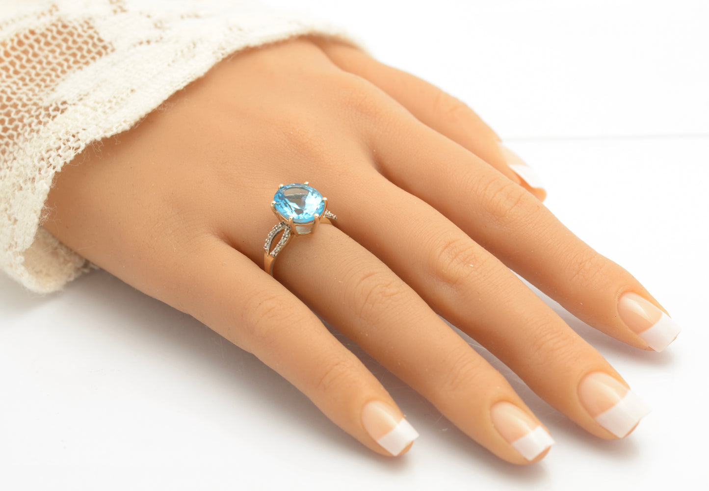 10K Gold Dress Ring With Large 6.5 Carat Natural Blue Topaz & Diamond Shoulders (C2691)