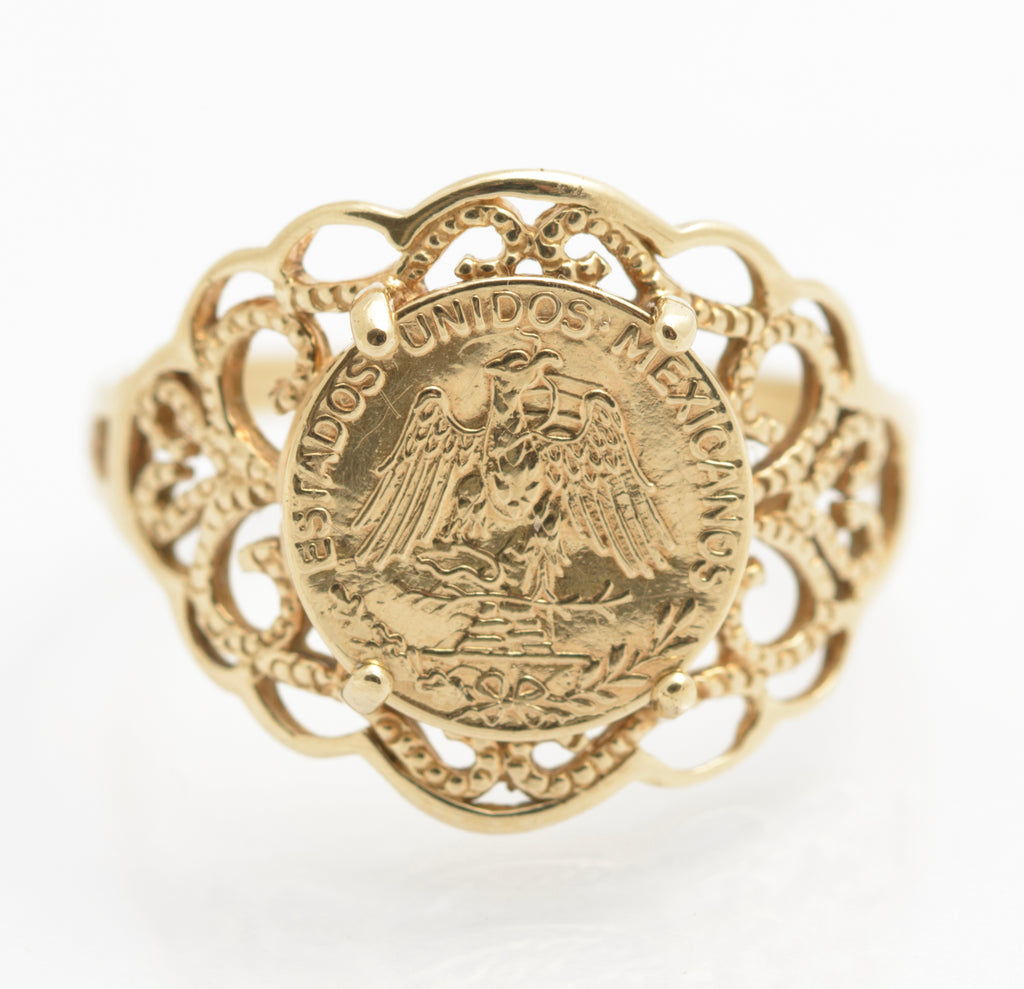 Vintage 9ct Gold Filigree Mount Ring With Mexican Gold Eagle Coin c.1980's (C2692)