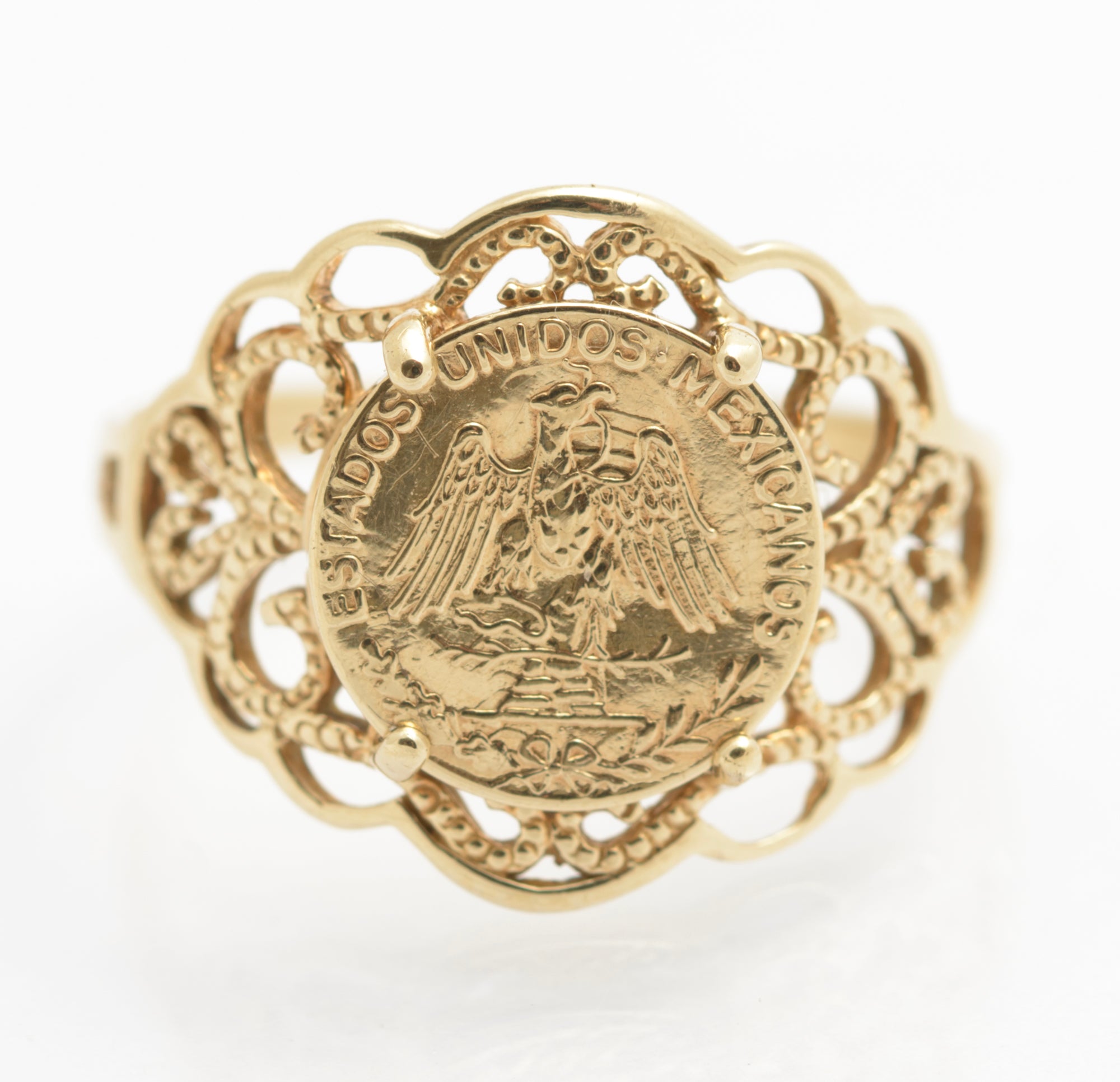 Vintage 9ct Gold Filigree Mount Ring With Mexican Gold Eagle Coin c.1980's (C2692)