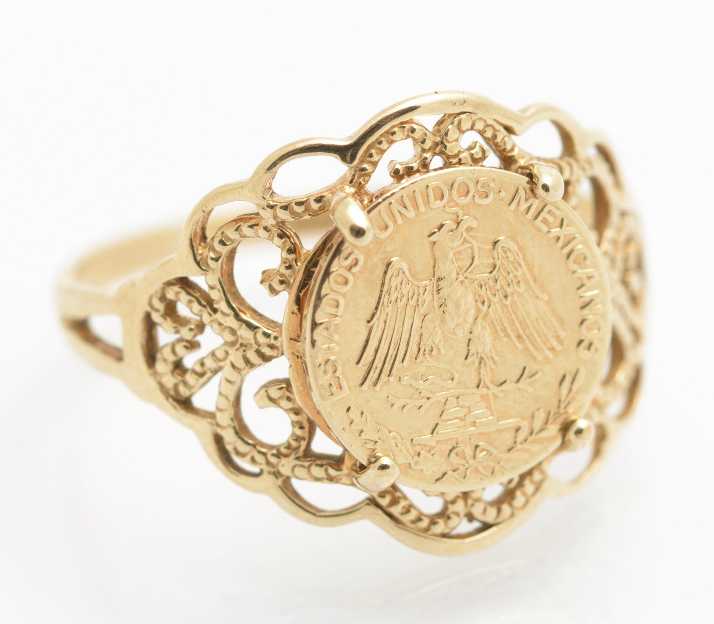 Vintage 9ct Gold Filigree Mount Ring With Mexican Gold Eagle Coin c.1980's (C2692)